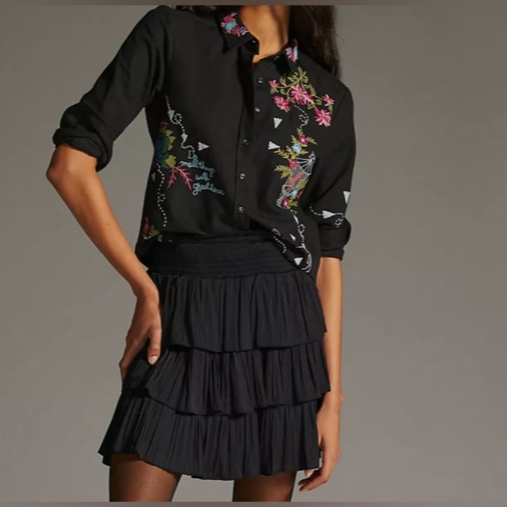 Anthropologie Pilcro Embroidered Black Boho Western Button Down Shirt